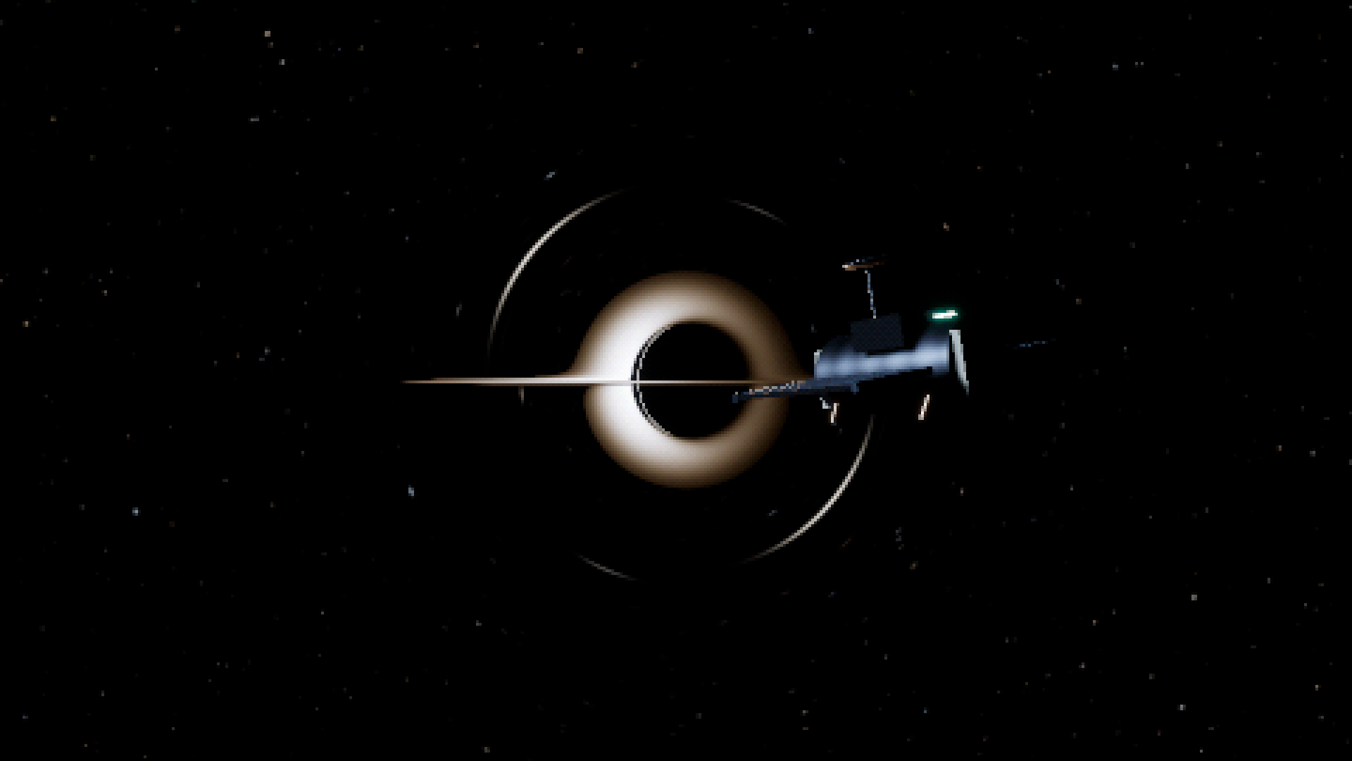 A nearly edge-on accretion disk bends above and below a black hole, with a small foreground probe to the right.